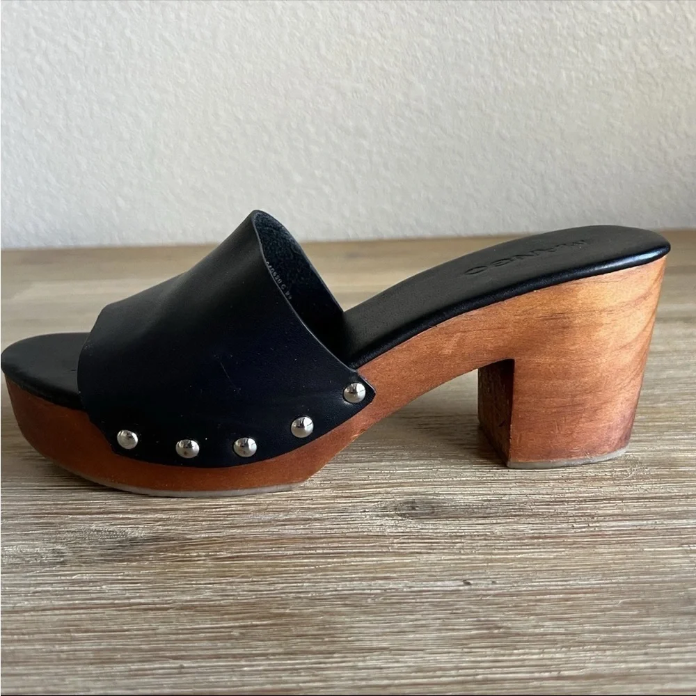 Mango Block Heel Shoes Black Leather Chunky Wood Studded Platform Women’s 7.5